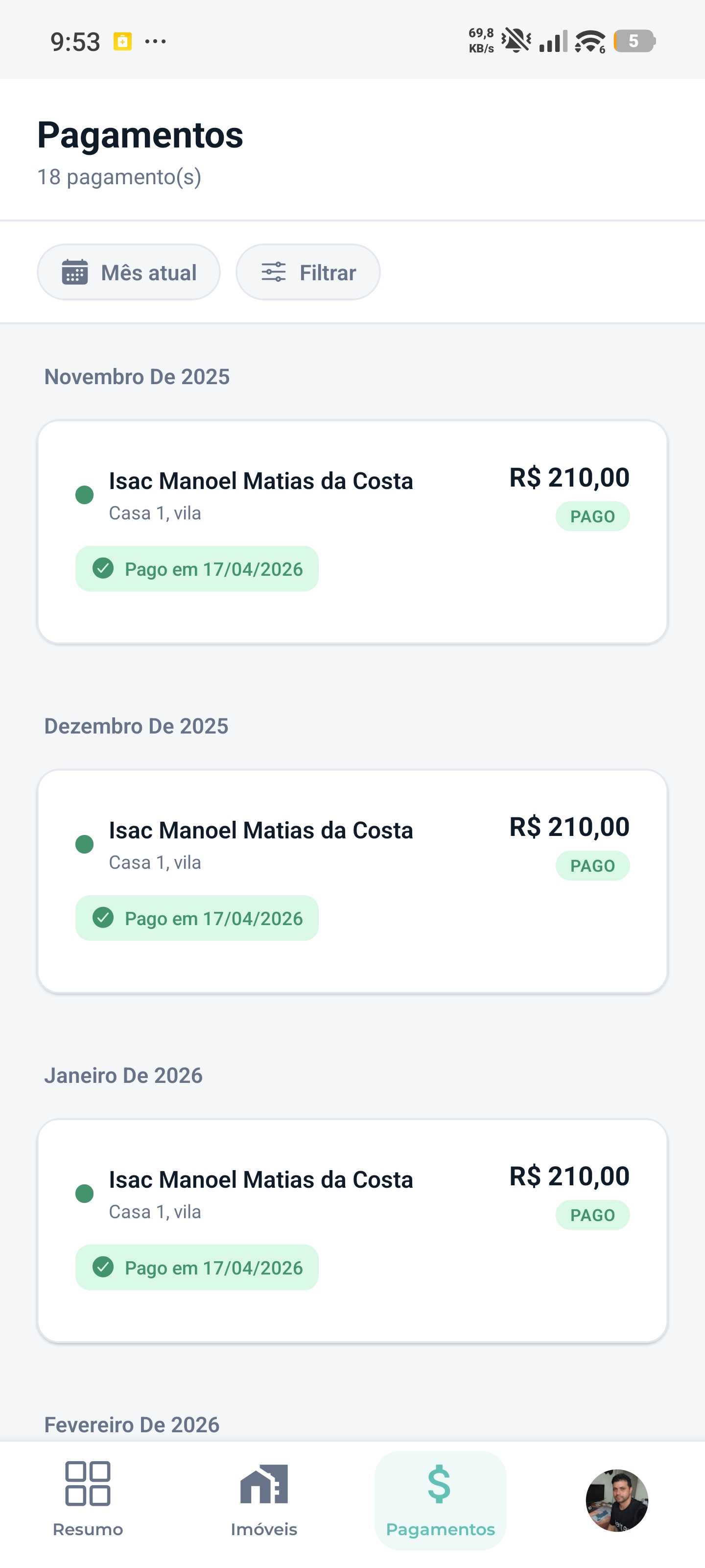 Tela Pagamentos do app RENT